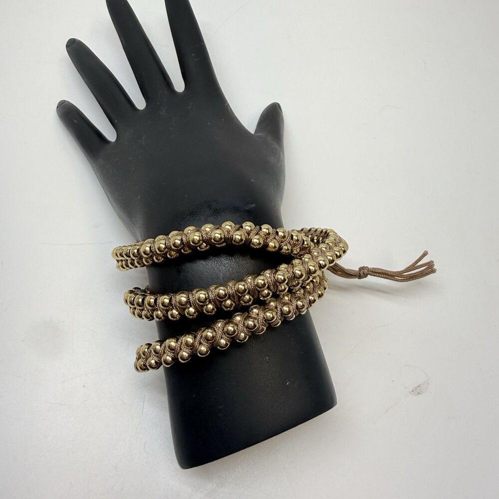 Lulu Dharma Twisted Gold Beaded Tan Color Thread Triple Wrap Bracelet
